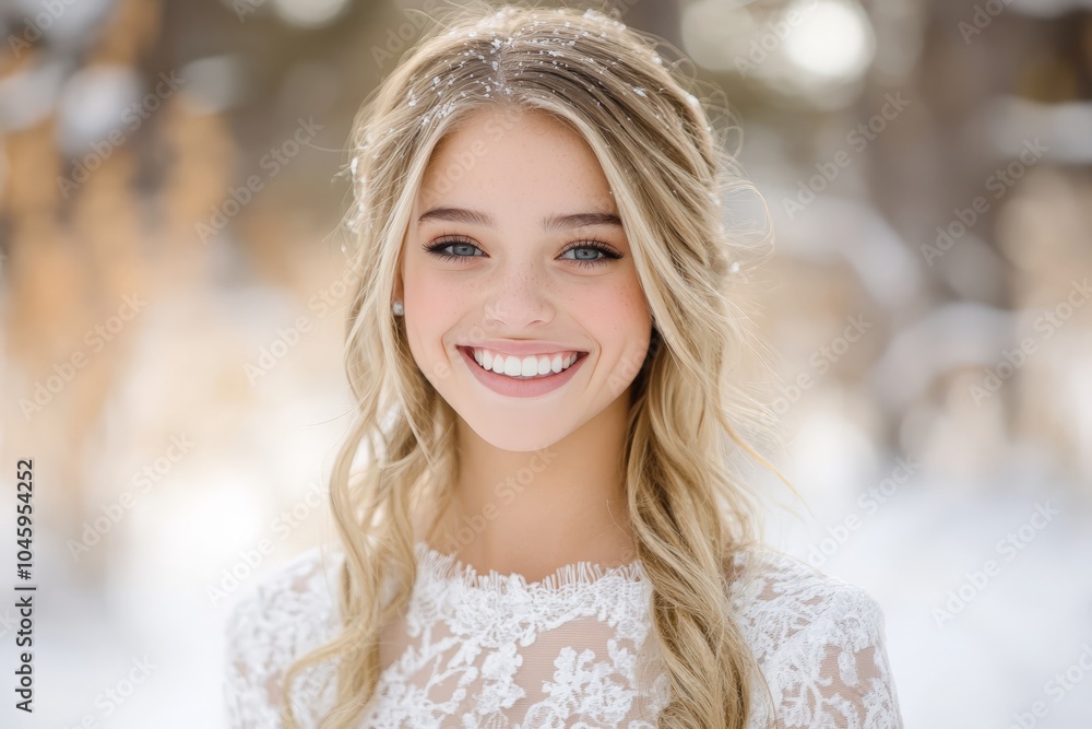 A captivating bride with flowing hair and lace dress, delightfully smiling in a snowy environment, embodying the charm and warmth of winter weddings. A captivating bride with flowing hair and lace dress, delightfully smiling in a snowy environment, embodying the charm and warmth of winter weddings.