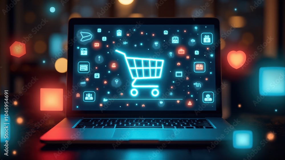 Obraz premium Laptop displaying a glowing digital shopping cart surrounded by virtual icons, symbolizing e-commerce and online shopping in a futuristic style.