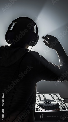 DJ silhouette wearing headphones performing mixer dramatic lighting dark