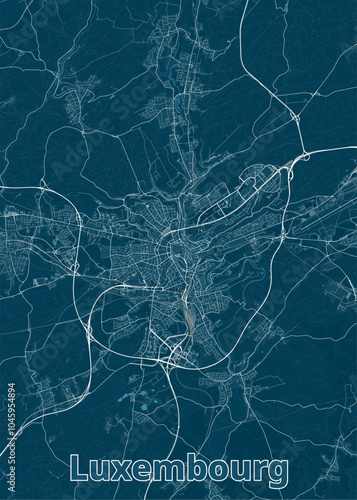 A detailed map of Luxembourg City, rendered in a minimalist style. The city's streets and roads are depicted in white lines against a deep blue background.
