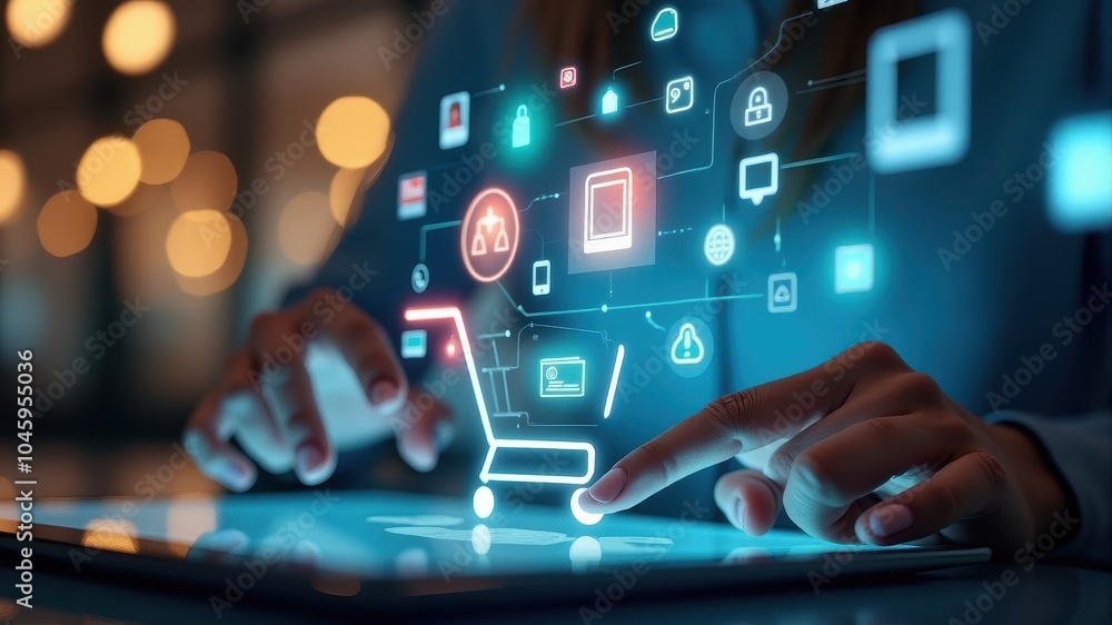 Futuristic digital interface displays online shopping icons on a touchscreen, highlighting e-commerce technology and innovation. Futuristic digital interface displays online shopping icons on a touchscreen, highlighting e-commerce technology and innovation.
