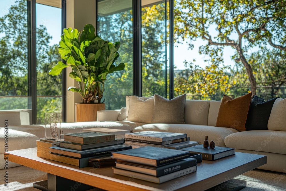 eco-friendly interior, room features modern coffee table stacked with earth tone books, large plant, and floor-to-ceiling windows for a natural touch eco-friendly interior, room features modern coffee table stacked with earth tone books, large plant, and floor-to-ceiling windows for a natural touch