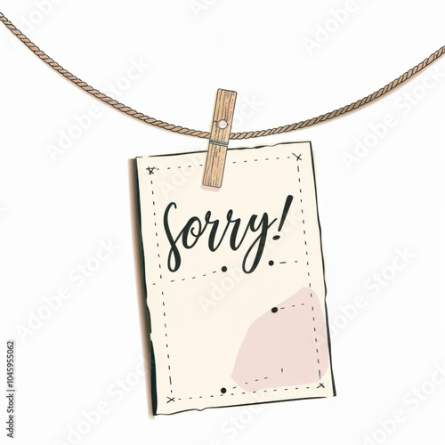 Text "Sorry!" written on a white card. Card on a rope with a clothespin. Modern illustration. White background