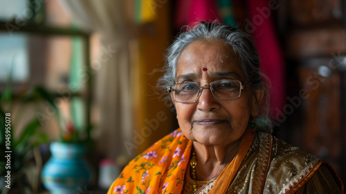 Portrait of an elderly Indian woman with a calm and wise expression, wearing traditional attire. Her glasses and soft smile add to the serene and respectful ambiance of the image.