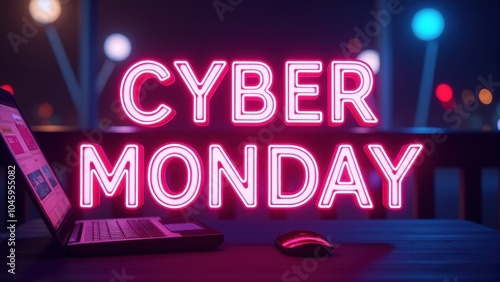 Vibrant neon "Cyber Monday" sign glows in the dark next to an open laptop and mouse, capturing the essence of online shopping excitement.