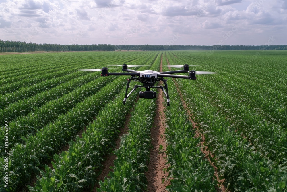 A drone hovers over a vast expanse of lush green fields, capturing the essence of modern agriculture and the efficient management of farmlands with advanced technology. A drone hovers over a vast expanse of lush green fields, capturing the essence of modern agriculture and the efficient management of farmlands with advanced technology.