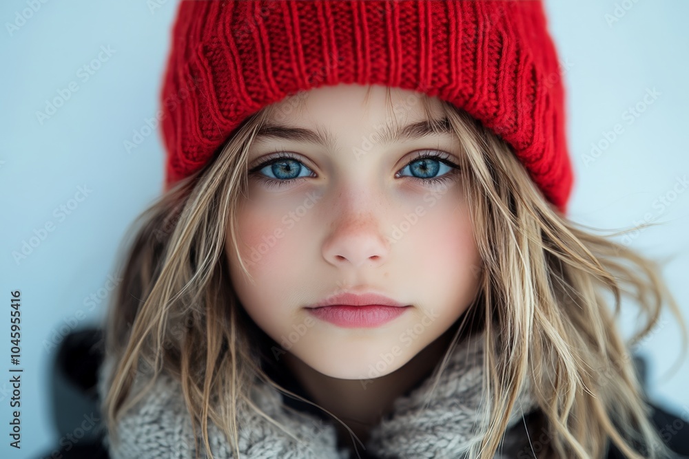 In a bright red beanie, this young girl gazes into the camera. Her warm scarf and the falling snowflakes make for a striking winter scene portrait. In a bright red beanie, this young girl gazes into the camera. Her warm scarf and the falling snowflakes make for a striking winter scene portrait.