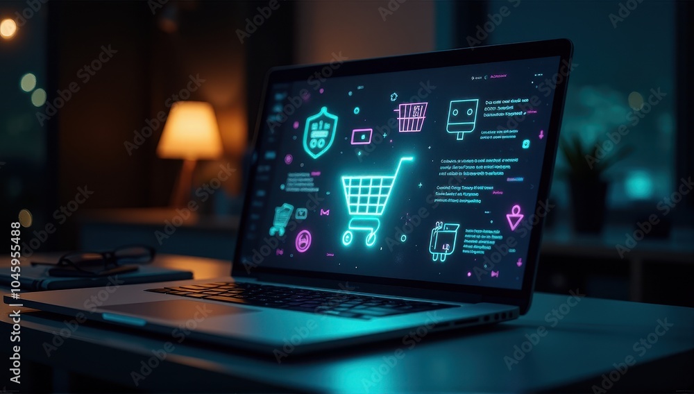 Laptop displaying vibrant digital interface with icons related to shopping and technology in a dimly lit room. Laptop displaying vibrant digital interface with icons related to shopping and technology in a dimly lit room.