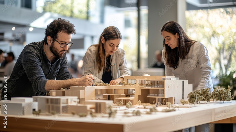 Team of architects in a high-tech office reviewing intricate blueprints and building designs Team of architects in a high-tech office reviewing intricate blueprints and building designs