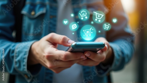 Close-up of hands holding a smartphone with glowing online shopping icons, highlighting digital commerce trends.