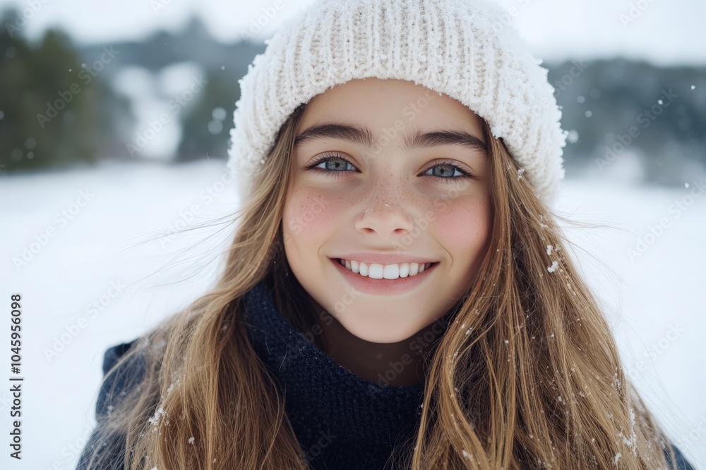 A young girl in a warm hat and coat smiles brightly in a snowy setting, capturing the essence of youthful joy, innocence, and the magic of wintertime. A young girl in a warm hat and coat smiles brightly in a snowy setting, capturing the essence of youthful joy, innocence, and the magic of wintertime.