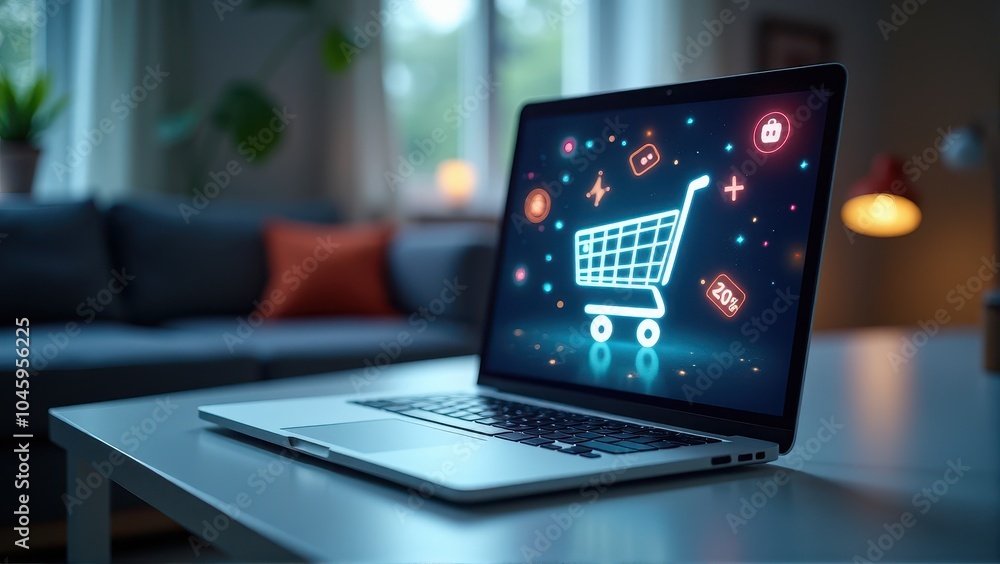 Laptop displaying a glowing shopping cart with discount icons in a cozy home setting, highlighting online shopping convenience and digital retail innovation. Laptop displaying a glowing shopping cart with discount icons in a cozy home setting, highlighting online shopping convenience and digital retail innovation.