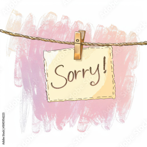 Text "Sorry!" written on a white card. Card on a rope with a clothespin. Modern illustration. White background