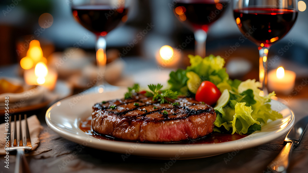 A delicious dinner of steak, salad, and red wine, beautifully arranged on a table with candlelight., Romantic Dinner for Two A delicious dinner of steak, salad, and red wine, beautifully arranged on a table with candlelight., Romantic Dinner for Two
