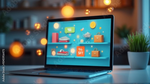 A laptop displays a vibrant online store interface with shopping bags, icons, and offers, surrounded by warm ambient lighting and plants.