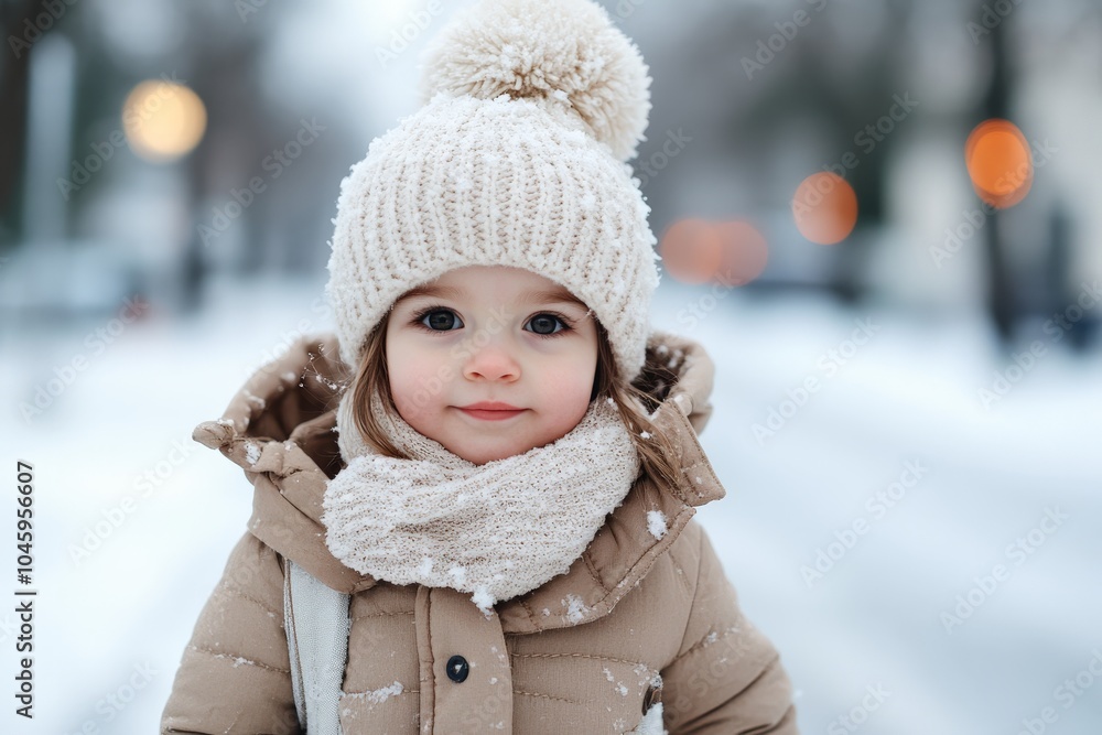 A child dressed warmly in a beige coat and knit hat stands in a snowy street, exuding a sense of comfort and joy amidst the brisk winter air. Pure and delightful. A child dressed warmly in a beige coat and knit hat stands in a snowy street, exuding a sense of comfort and joy amidst the brisk winter air. Pure and delightful.