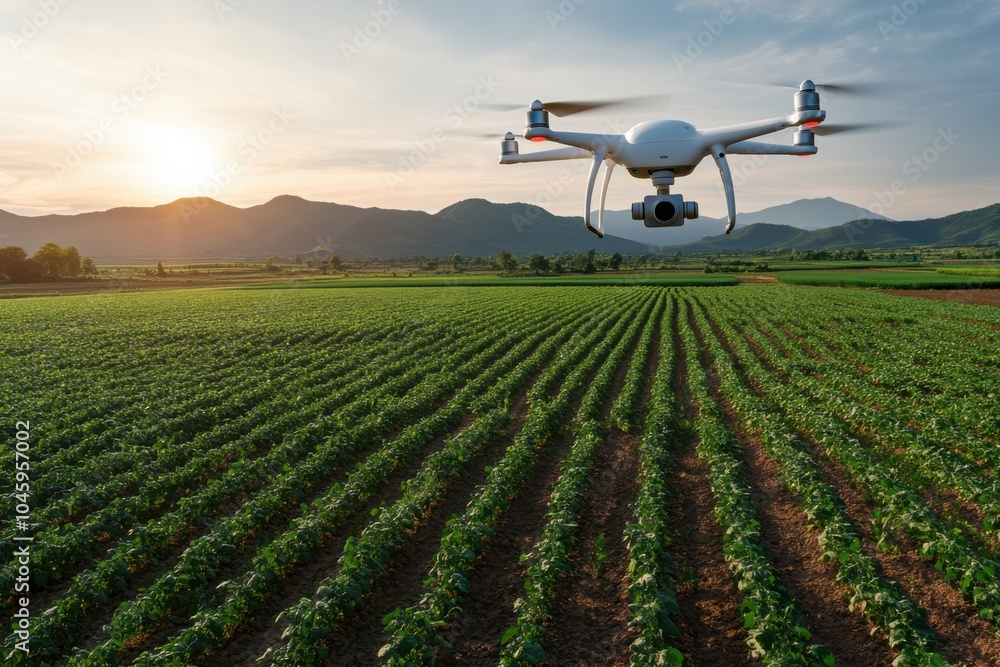 An advanced drone surveys expansive agricultural fields at twilight, demonstrating the use of modern technology in optimizing and supervising crop production efficiently. An advanced drone surveys expansive agricultural fields at twilight, demonstrating the use of modern technology in optimizing and supervising crop production efficiently.