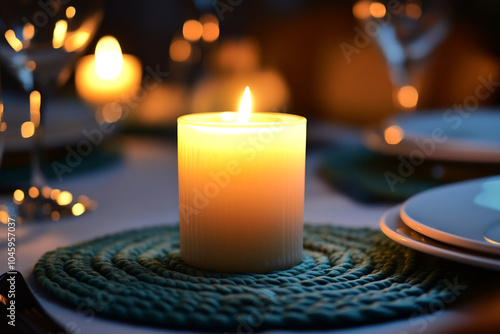 A warm candle glowing softly on an elegantly set dinner table with delicate glassware and vibrant colors in a cozy atmosphere