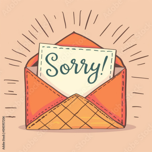 Text "Sorry!" written on a card inside an envelope letter. Simple vector illustration. Pink background.