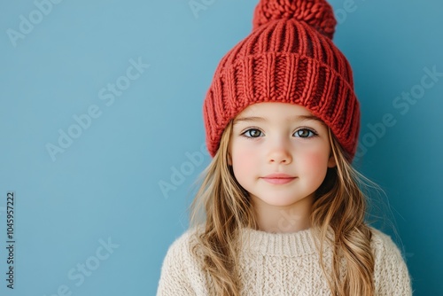 A sweet child with a soft expression dons a red knitted hat and a beige sweater, standing against an understated blue wall, exuding innocence and warmth. photo