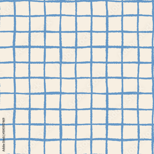 Acrylic ink doodle hand drawn plaid paper grid seamless vector pattern with squares, irregular painted check background with rough wavy lines