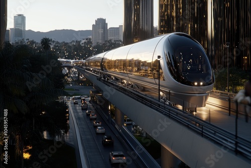 A high-speed train traverses an elevated track against the backdrop of a bustling city, exemplifying the evolution of modern transportation in urban settings. photo