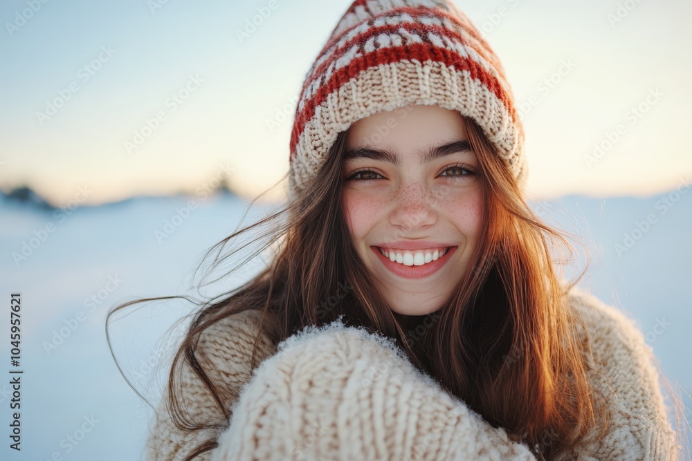 A young woman dressed warmly in a patterned knitted hat and sweater, smiles joyfully in a snow-covered landscape, capturing the essence of winter happiness. A young woman dressed warmly in a patterned knitted hat and sweater, smiles joyfully in a snow-covered landscape, capturing the essence of winter happiness.