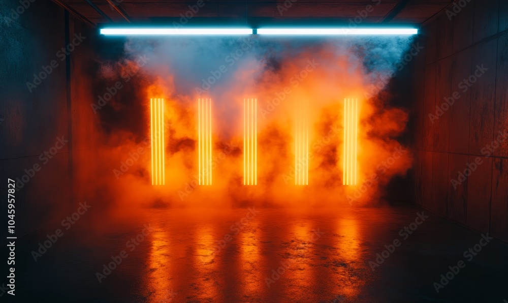 Smoke filling dark room lit by orange fluorescent lights Smoke filling dark room lit by orange fluorescent lights