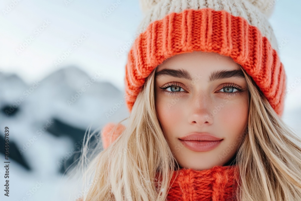 Close-up of a woman with striking green eyes wearing a red-knit hat against a snowy mountain, capturing a chic winter look with wind-swept blonde hair framing her face. Close-up of a woman with striking green eyes wearing a red-knit hat against a snowy mountain, capturing a chic winter look with wind-swept blonde hair framing her face.