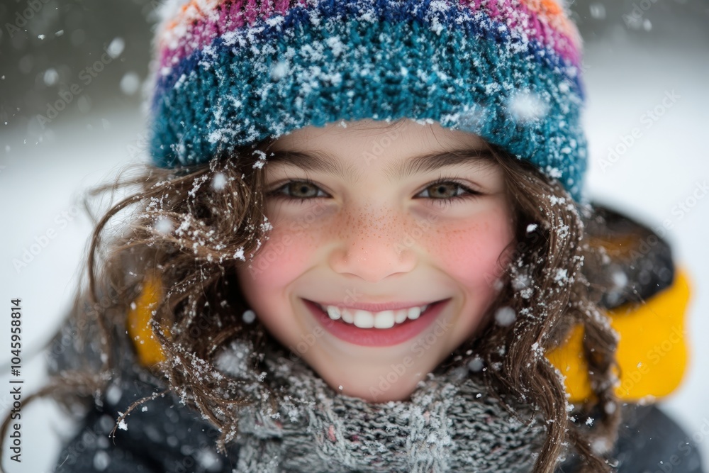 A smiling child dons a rainbow knit hat, embracing the snowy delight, sparkled by falling snowflakes, capturing the exuberance and charm of wintry wonders. A smiling child dons a rainbow knit hat, embracing the snowy delight, sparkled by falling snowflakes, capturing the exuberance and charm of wintry wonders.