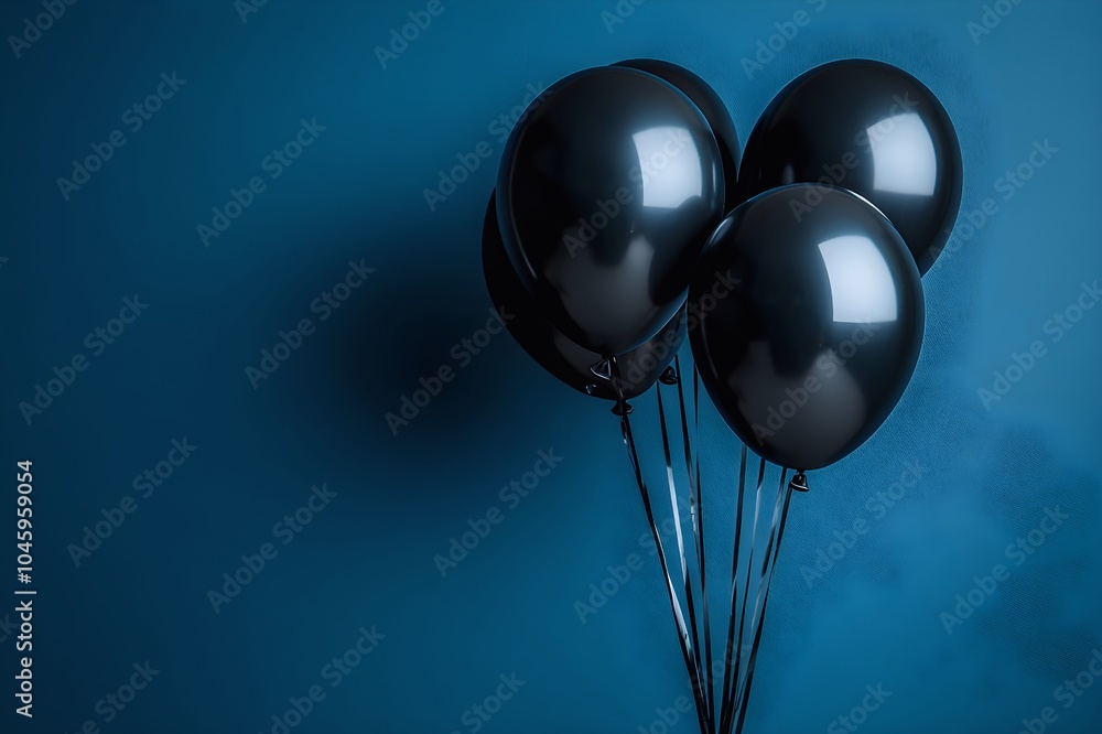 Cluster of black balloons against dark blue background. Realistic style composition. Super Saturday shopping event concept. For banner, advertisement and social media Cluster of black balloons against dark blue background. Realistic style composition. Super Saturday shopping event concept. For banner, advertisement and social media