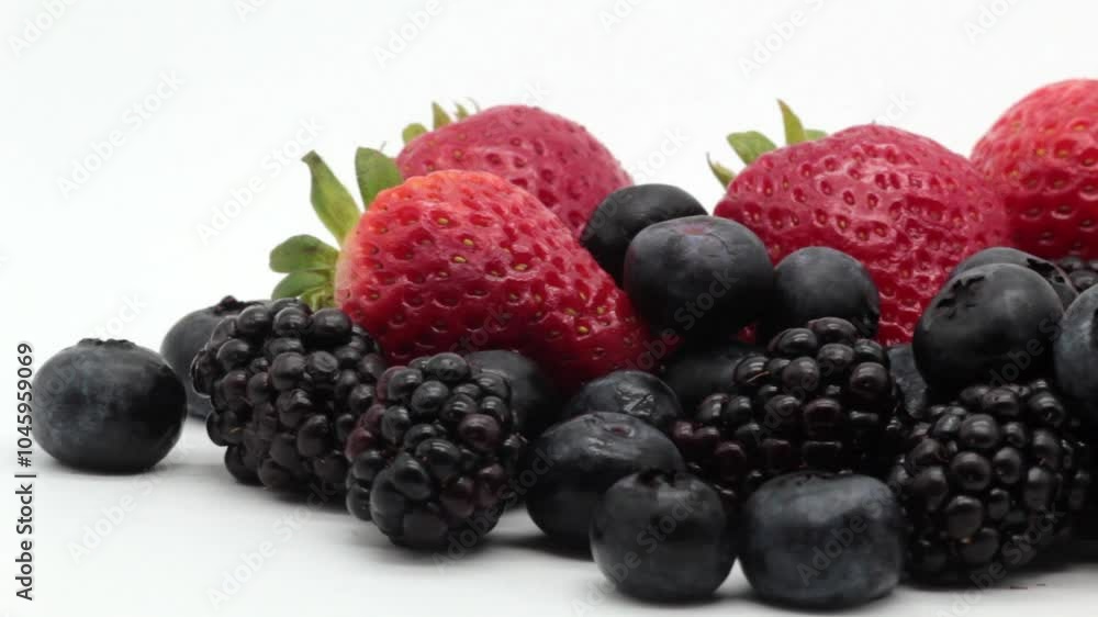 Mixed berries on white background. Panning shot. Mixed berries on white background. Panning shot.