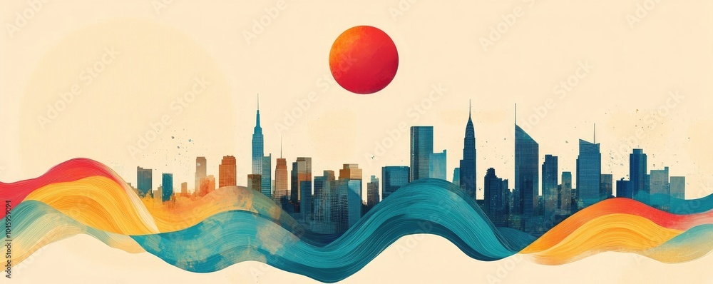 An abstract city skyline featuring a red sun and colorful wave patterns An abstract city skyline featuring a red sun and colorful wave patterns