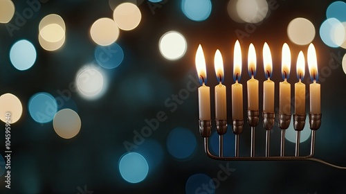 The isolated silhouette of a Hanukkah menorah features lit candles that cast a warm glow, evoking feelings of hope and celebration photo