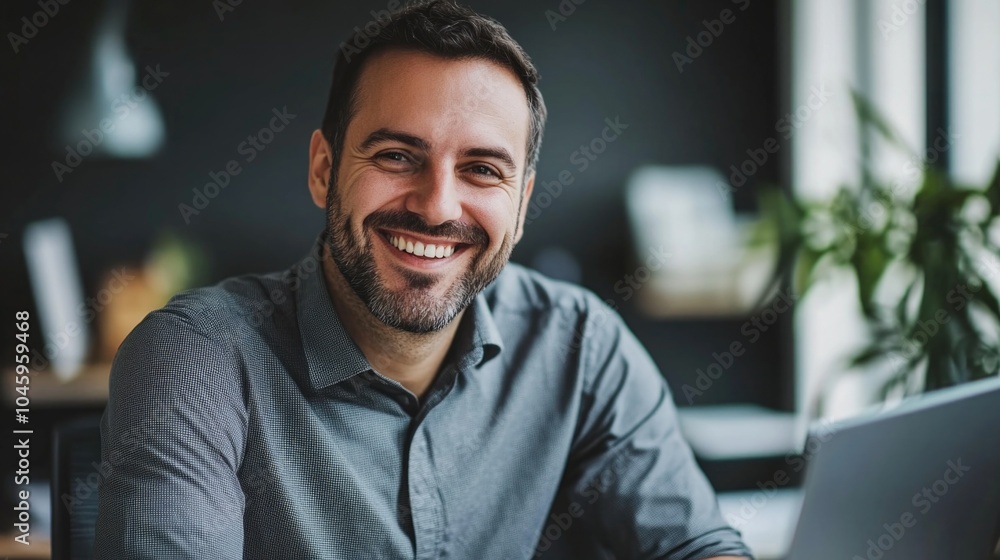 Fototapeta premium Confident Businessman Smiling and Sitting at Desk in Modern Office
