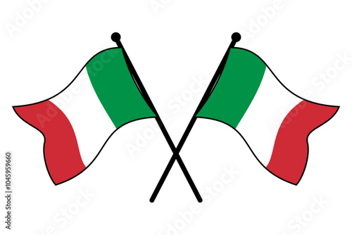 Vector of two crossed Italian flags on a black pole with editable 3d flat style icon and scalable eps file illustration for design element, emblem, poster, etc.	