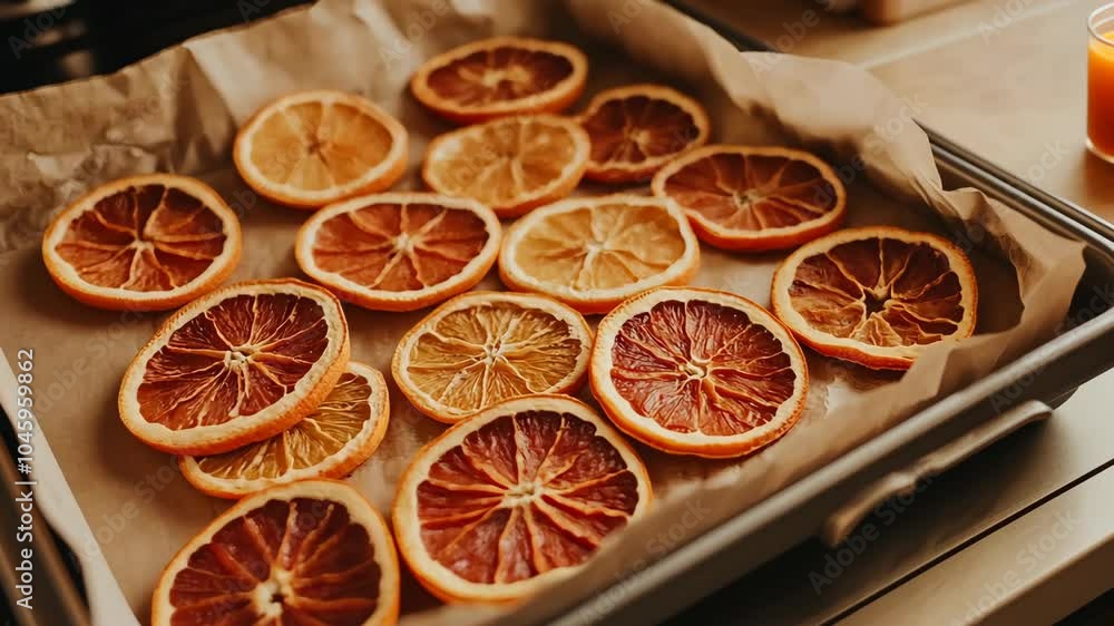Dried orange slices on a baking sheet, perfect for a festive centerpiece Dried orange slices on a baking sheet, perfect for a festive centerpiece