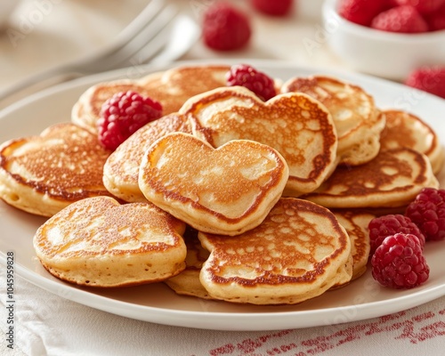 A plate of heart-shaped pancakes garnished with raspberries.