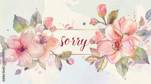 The text "sorry" with delicate flowers. Watercolor illustration. Pastel colors.