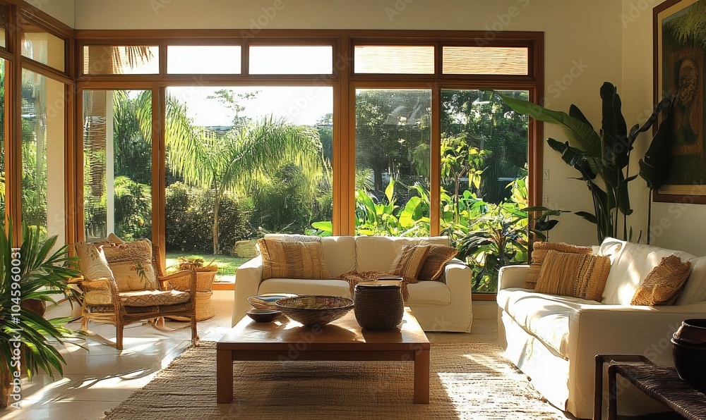 Stylish living room with a light brown and cream recycled pattern, showcasing large windows and a lush outdoor view during daylight Stylish living room with a light brown and cream recycled pattern, showcasing large windows and a lush outdoor view during daylight