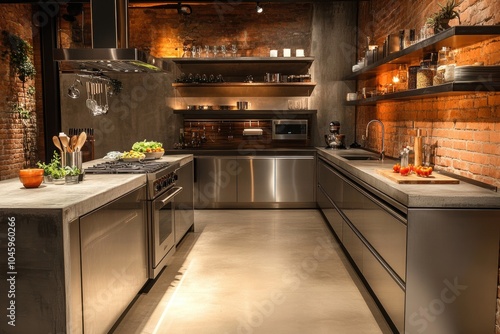 modern industrial kitchen, modern industrial kitchen featuring sleek stainless steel appliances, open shelving, and a concrete countertop complemented by soft hues photo