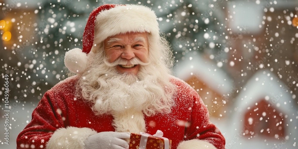 A smiling Santa Claus holding a box in his hand. The snow is falling around him, creating a festive atmosphere A smiling Santa Claus holding a box in his hand. The snow is falling around him, creating a festive atmosphere