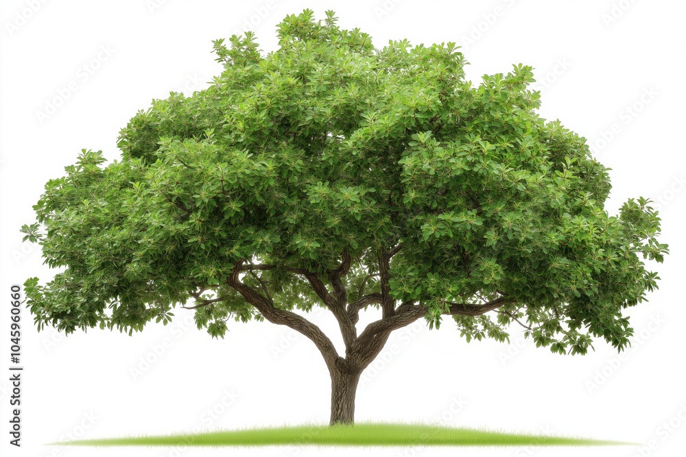 A large tree with green leaves is standing in a grassy field. The tree is the main focus of the image, and it is a beautiful and peaceful scene. The grass around the tree adds to the natural A large tree with green leaves is standing in a grassy field. The tree is the main focus of the image, and it is a beautiful and peaceful scene. The grass around the tree adds to the natural