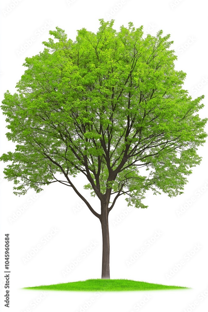 Obraz premium A large green tree stands alone in a field. The tree is tall and has a strong, sturdy trunk. The leaves are lush and green, and the tree appears to be healthy and well-maintained