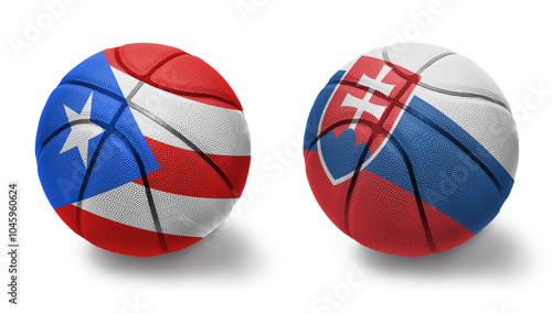 Photography basketball balls with the national flags of slovakia and puerto rico on the white background