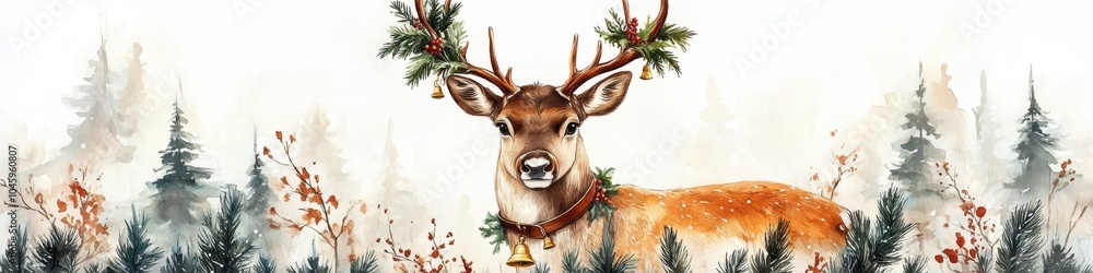 Obraz premium Majestic deer with ornaments in a snowy winter forest, evoking a festive holiday spirit.
