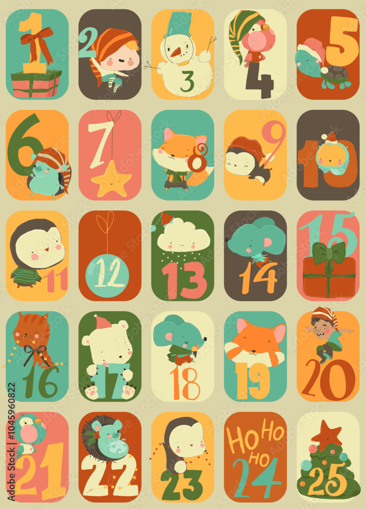 Fototapeta premium Cute Cartoon Advent Calendar with Funny Animals and Christmas Elements