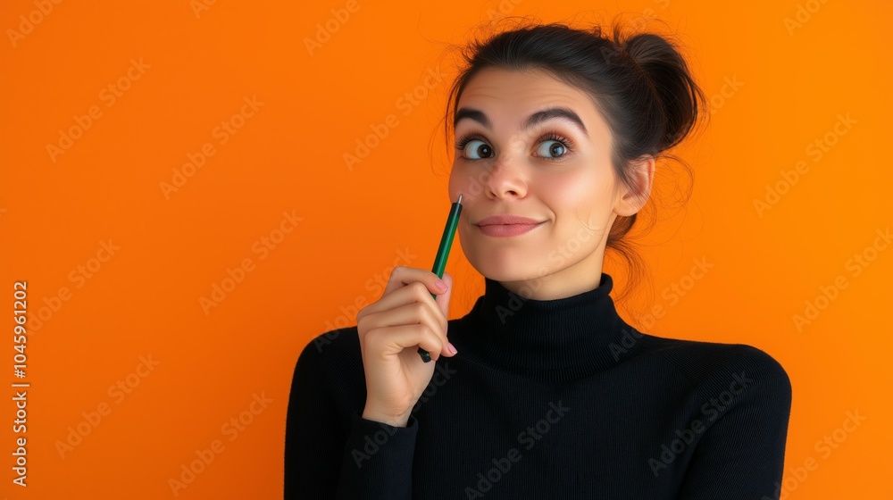 Obraz premium Woman with a ponytail holding a marker pen sheepishly, studio environment, orange background