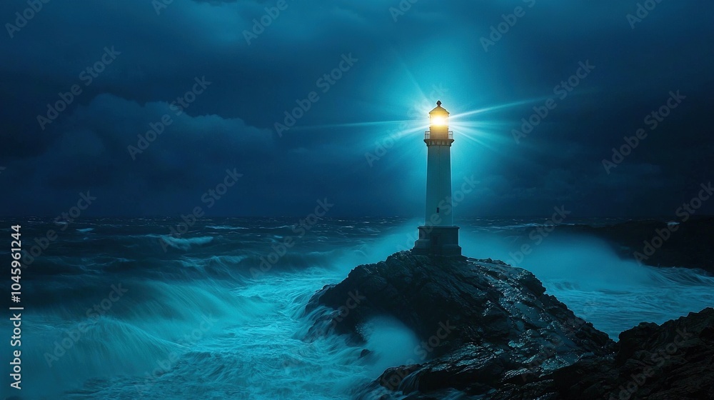 A lighthouse perched atop a rock amidst a tranquil body of water, framed by a cloudy blue sky A lighthouse perched atop a rock amidst a tranquil body of water, framed by a cloudy blue sky