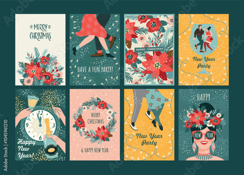 Christmas and Happy New Year illustration for cards and other use. Trendy retro style. Vector templates.